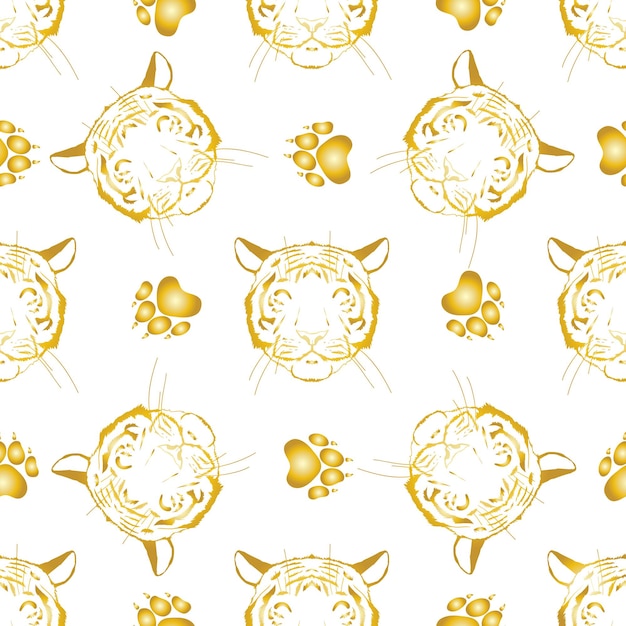 Hand drawn vector abstract creative seamless pattern with tiger face illustration,golden foil texture isolated on white background.