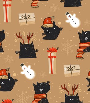 손으로 그린 벡터 추상 재미 메리 크리스마스 시간 만화 소박한 축제 원활한 패턴 휴일 검은 고양이와 갈색 배경에 고립 된 깜짝 선물 상자의 귀여운 삽화.