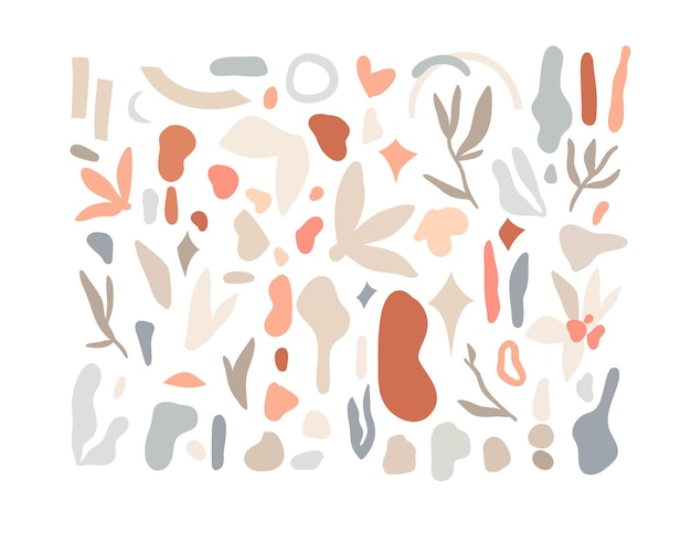 손으로 그린된 벡터 추상 재고 그래픽 그림 컬렉션 집합 현대 콜라주 자연 분기, 잎, 실루엣, 꽃과 별 흰색 배경에 고립의 현대 요소와 번들