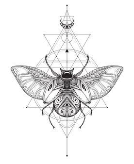Hand drawn vector esoteric symbol, bug with sacred geometry. monochrome graphic drawing isolated on a white background.
