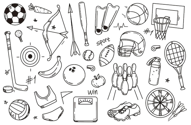 Hand drawn vector illustration set of sport doodle icons sports equipment and accessories with balls