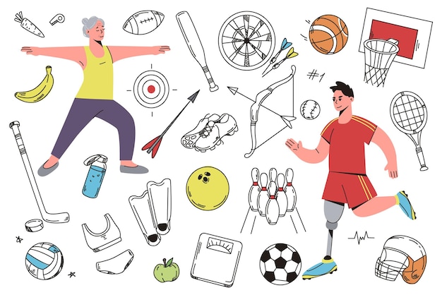 Vettore gratuito insieme dell'illustrazione di vettore disegnato a mano delle icone di sport doodle attrezzature sportive e accessori con le palle