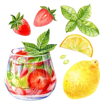 ストロベリー​レモン​と​ミント​と​夏​の​レモネード​カクテル​の​手描き​ベクトル​水彩​イラスト