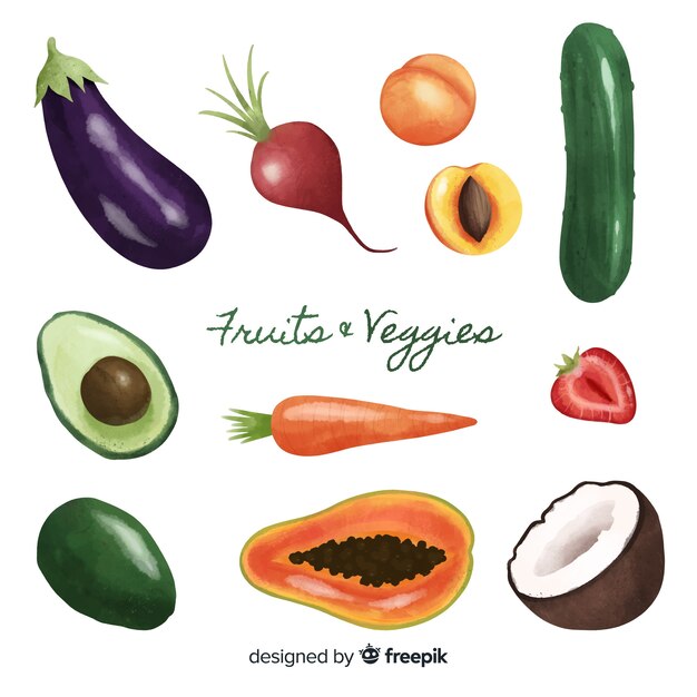 Набор рисованной овощей и фруктов