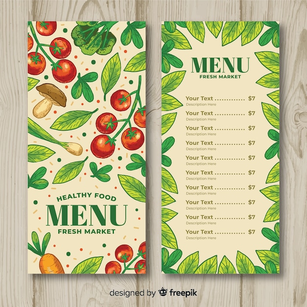 Vettore gratuito modello di menu sano di verdure disegnate a mano