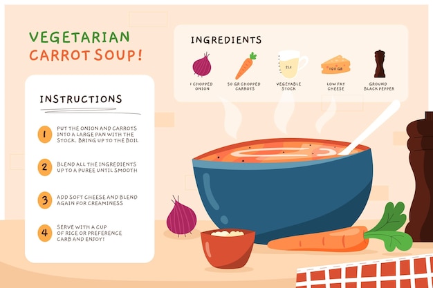 Бесплатное векторное изображение Рисованный рецепт вегетарианского морковного супа