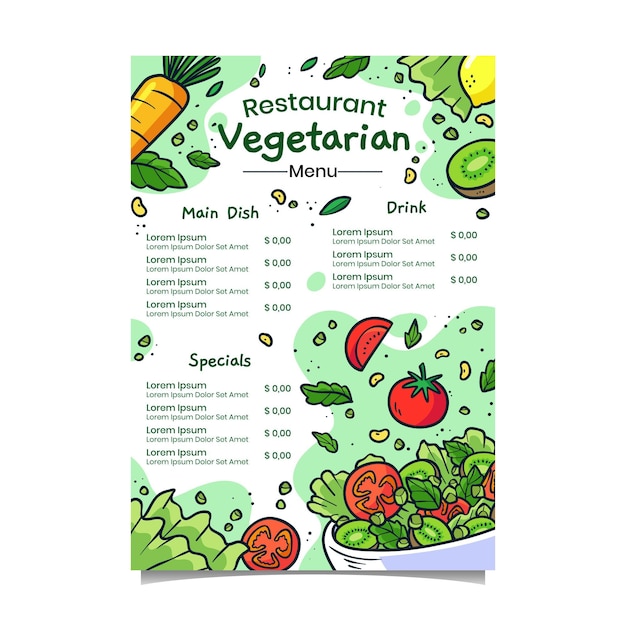 Vettore gratuito menu del ristorante vegetariano disegnato a mano