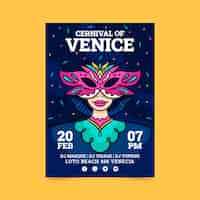 Vettore gratuito modello di poster verticale del carnevale di venezia disegnato a mano