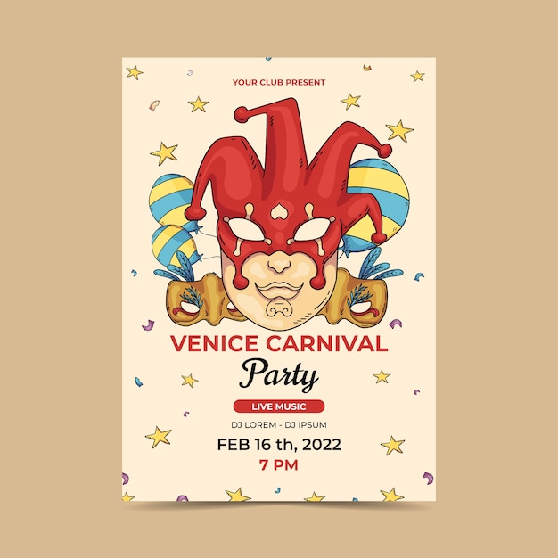 Modello di poster verticale del carnevale di venezia disegnato a mano