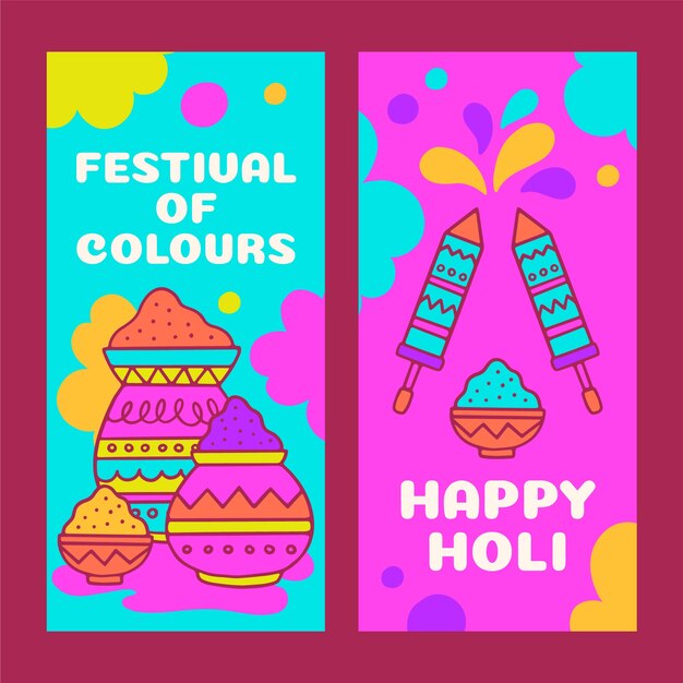 Hand drawn vertical banners set for holi festival celebration