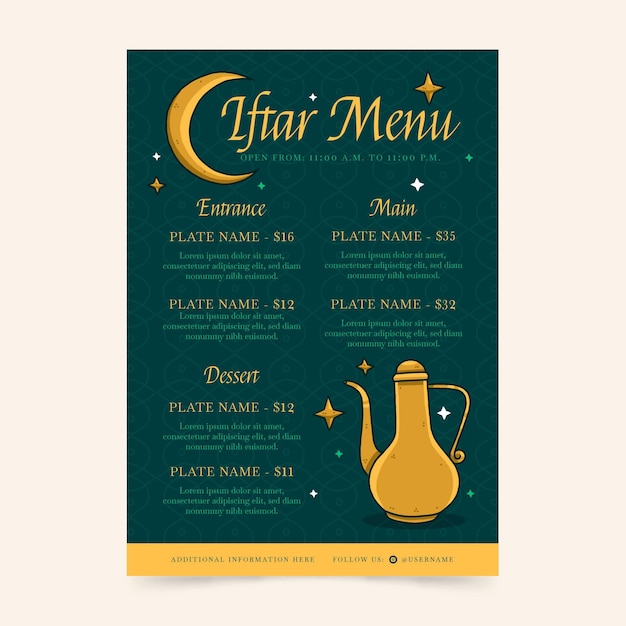 Vettore gratuito modello di menu iftar verticale disegnato a mano