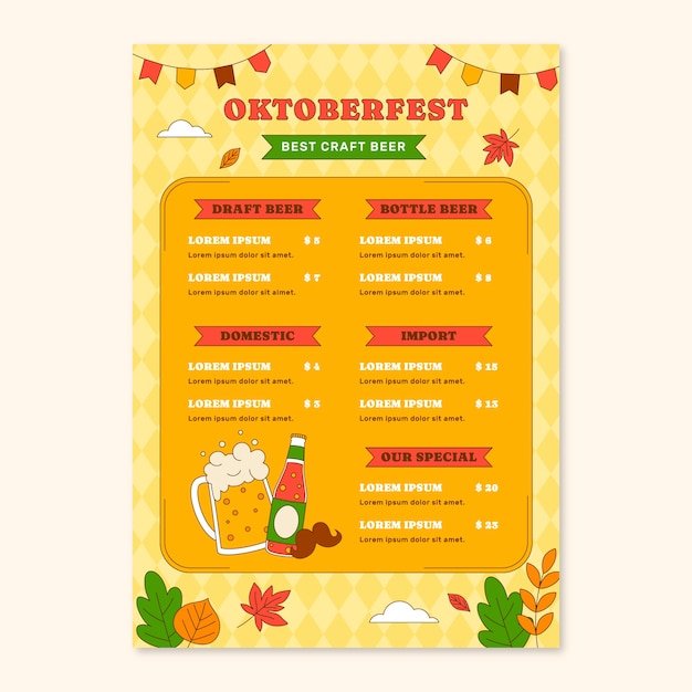 Modello di menu verticale disegnato a mano per la celebrazione del festival della birra oktoberfest