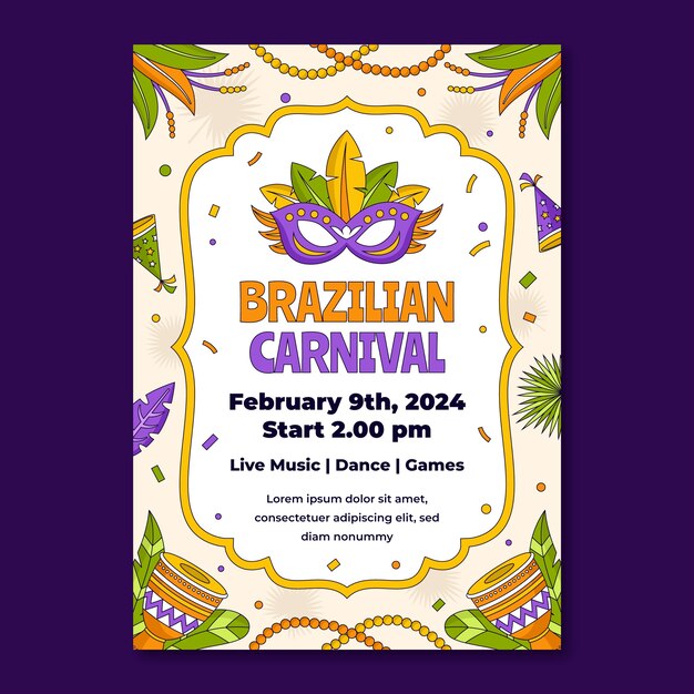 Hand drawn vertical poster template for brazilian carnival celebration