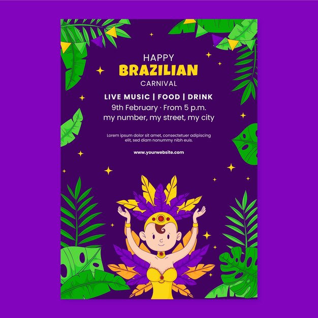 ブラジルのカーニバルのための手描きの垂直ポスターテンプレート