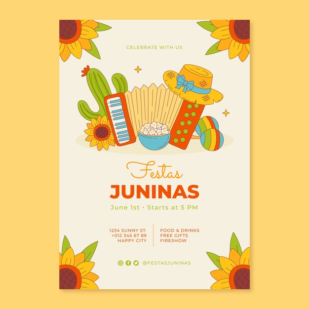 Hand drawn vertical poster template for brazilian festas juninas celebration