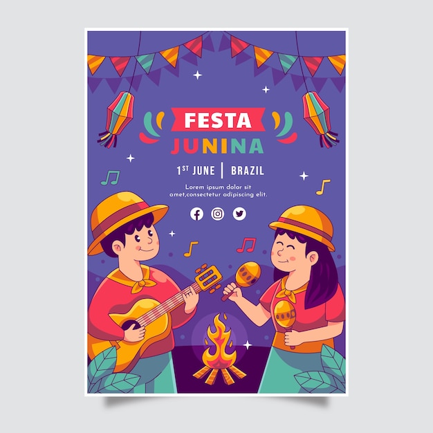 브라질 festas juninas 행사에 대 한 손으로 그린 세로 포스터 템플릿