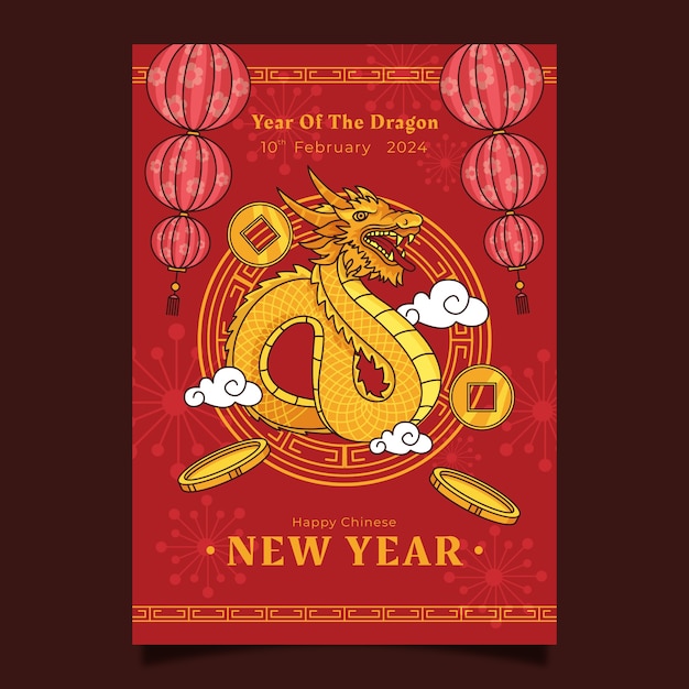 Free vector hand drawn vertical poster template for chinese new year festival