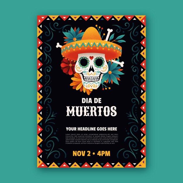 Hand drawn vertical poster template for dia de muertos celebration