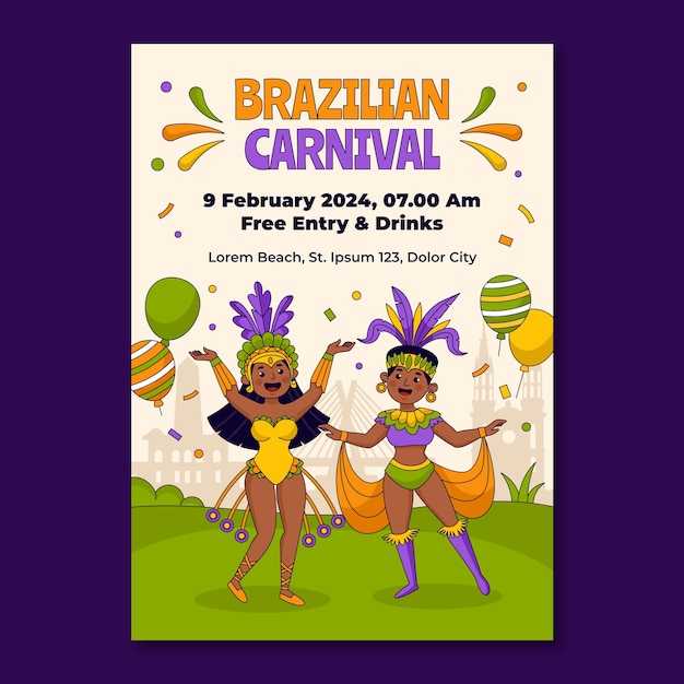 無料ベクター ブラジルのカーニバル祝賀のための手描きの垂直ポスターテンプレート