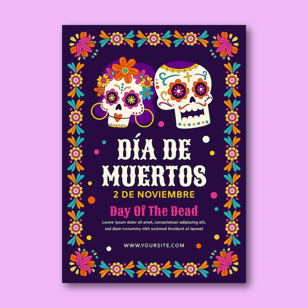 무료 벡터 dia de muertos 축하를 위한 손으로 그린 세로 포스터 템플릿