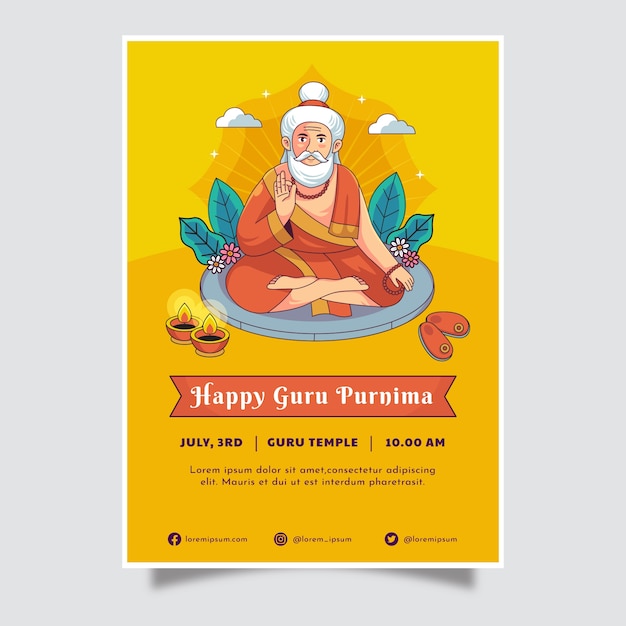 Vettore gratuito modello di poster verticale disegnato a mano per il culto del guru purnima