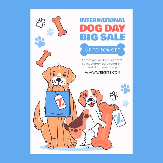 국제 강아지의 날 축하를 위해 손으로 그린 수직 포스터 템플릿