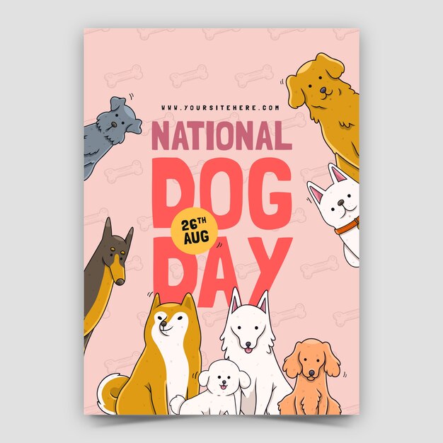 国際犬の日のお祝いのための手描き垂直ポスター テンプレート