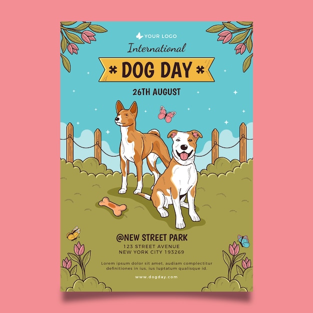 Vettore gratuito modello di poster verticale disegnato a mano per la celebrazione della giornata internazionale del cane