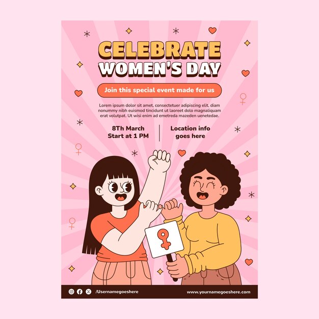 국제 여성의 날 축하를 위해 손으로 그린 수직 포스터 템플릿.