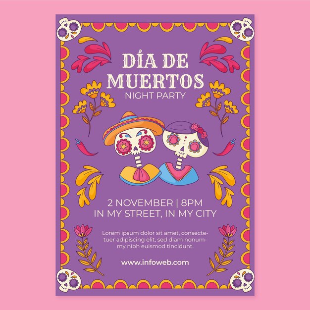 Hand drawn vertical poster template for mexican dia de muertos celebration