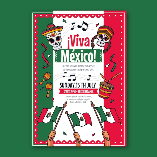 Ручной обращается вертикальный шаблон плаката для празднования дня независимости мексики