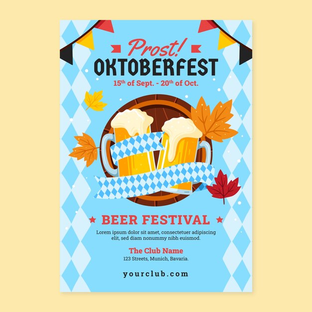 Ручно нарисованный вертикальный шаблон плаката для празднования пивного фестиваля Oktoberfest