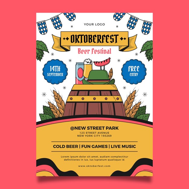 Modello di poster verticale disegnato a mano per la celebrazione del festival della birra oktoberfest