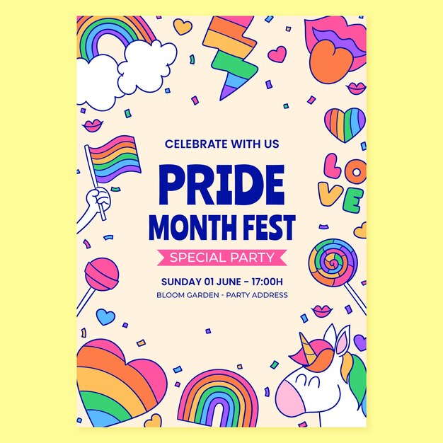 Hand drawn vertical poster template for pride month celebration