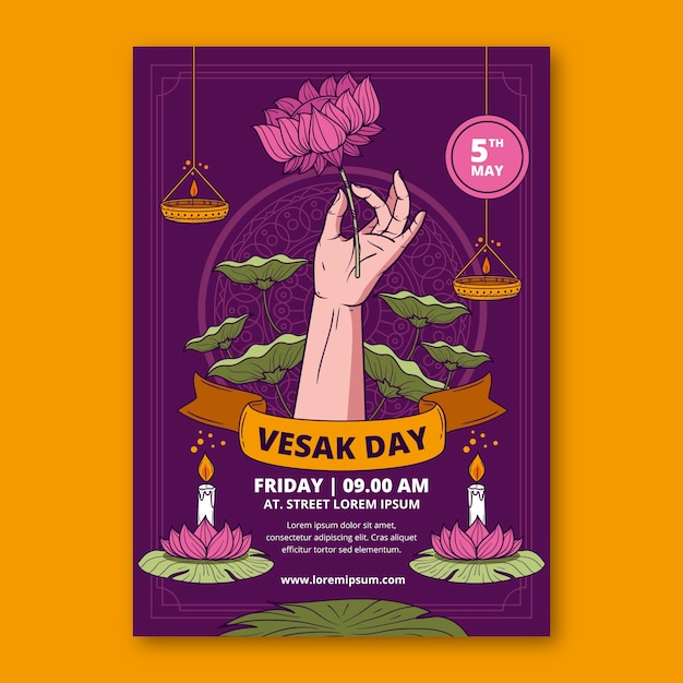 Vettore gratuito modello di poster verticale disegnato a mano per la celebrazione del festival vesak