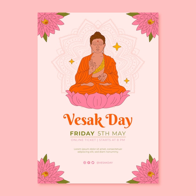 Vettore gratuito modello di poster verticale disegnato a mano per la celebrazione del festival vesak