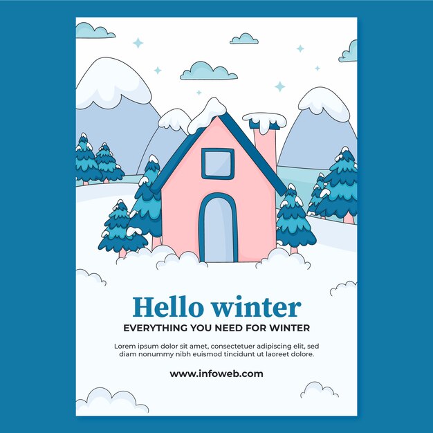 Hand drawn vertical poster template for winter with house in snow