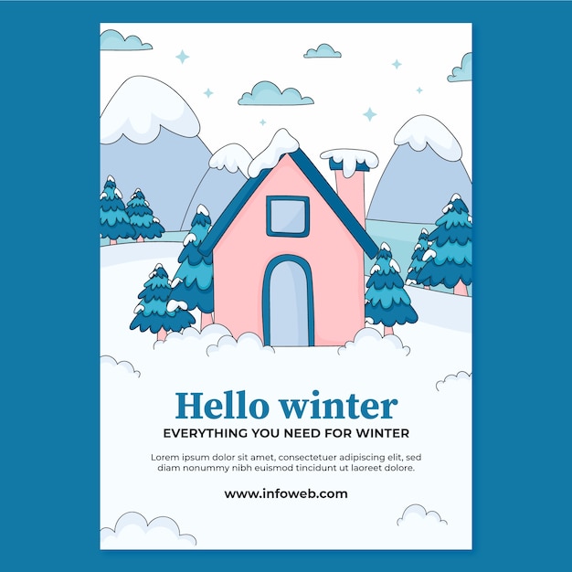 눈 속에 집이 있는 겨울을 위한 손으로 그린 수직 포스터 템플릿