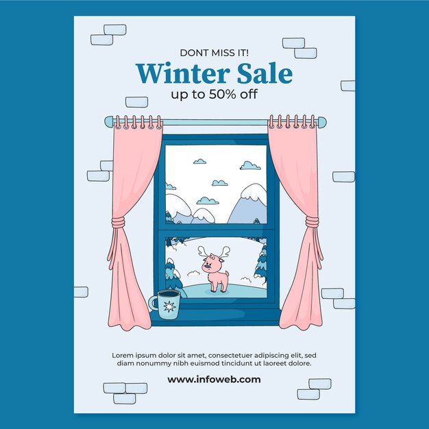 Hand drawn vertical poster template for winter with reindeer through window