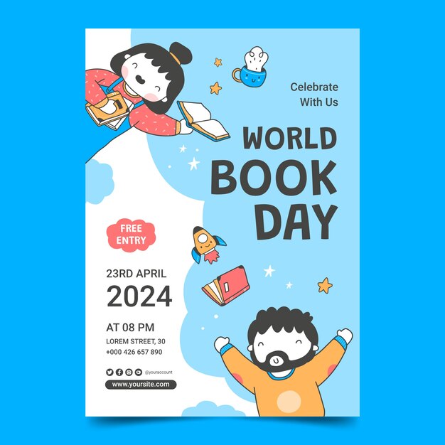 Hand drawn vertical poster template for world book day celebration