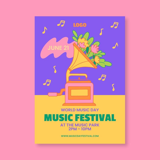 Hand drawn vertical poster template for world music day celebration – Free Vector Download