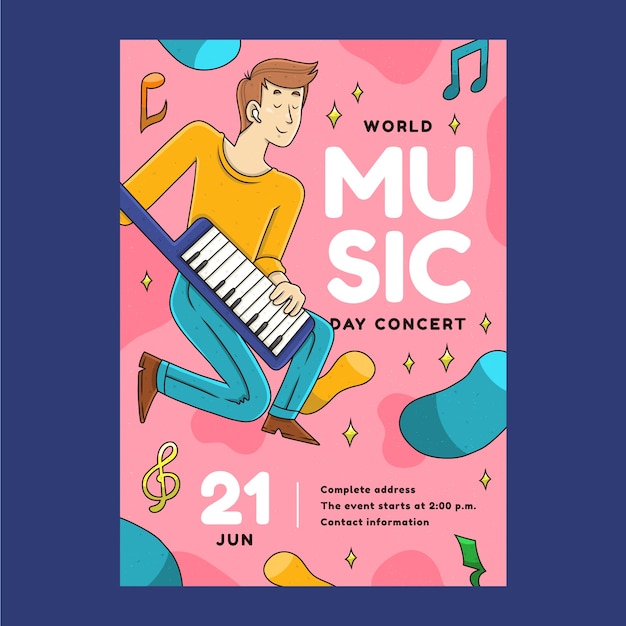 세계 음악의 날 축하를 위한 손으로 그린 수직 포스터 템플릿