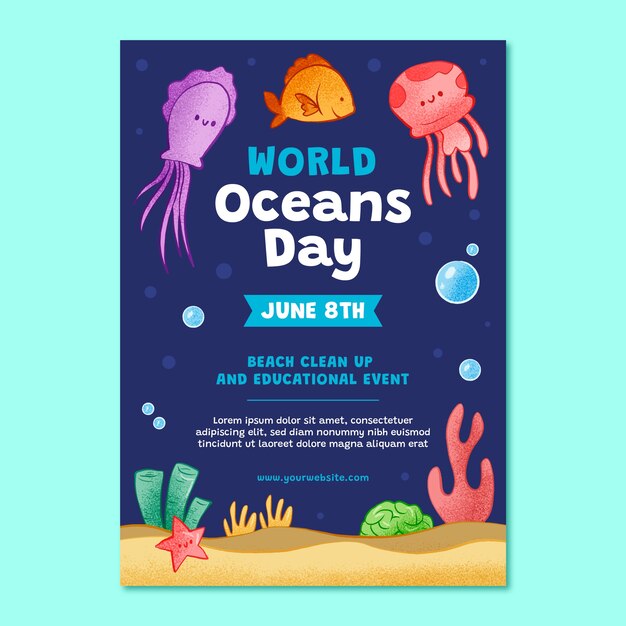 세계 해양의 날을 위한 손으로 그린 수직 포스터 템플릿