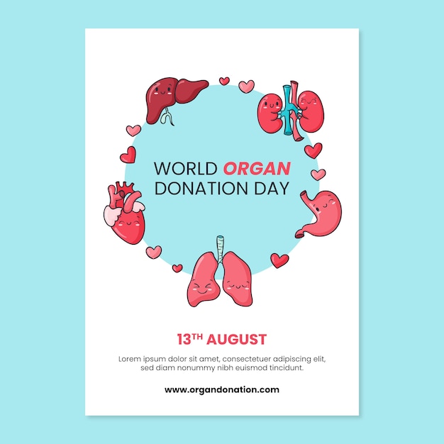 Modello di poster verticale disegnato a mano per la giornata mondiale della donazione di organi
