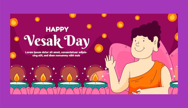 무료 벡터 손으로 그린 vesak 날 가로 배너 템플릿