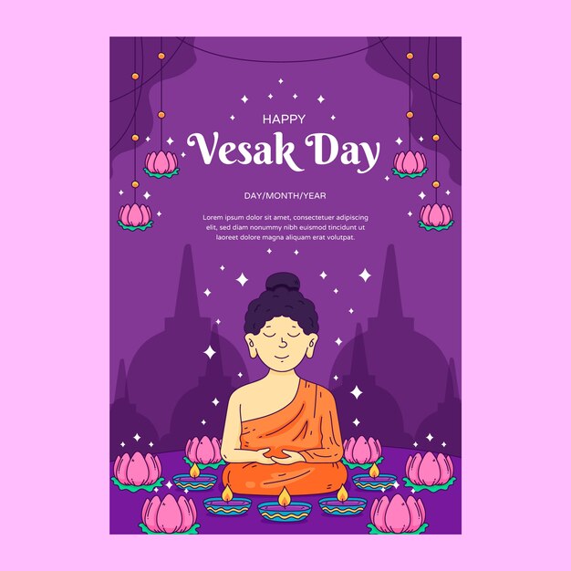 손으로 그린 vesak 세로 포스터 템플릿