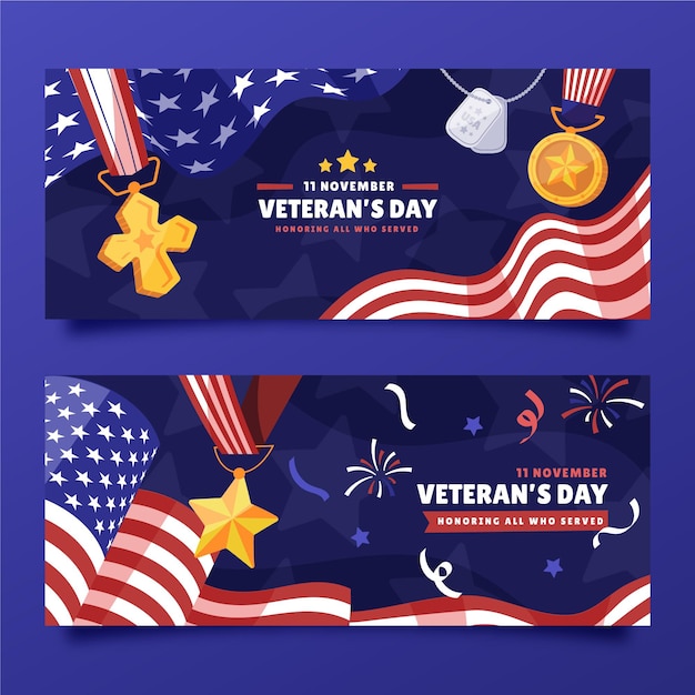 Set di bandiere orizzontali del giorno del veterano disegnate a mano