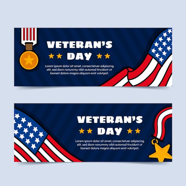 Hand drawn veteran's day horizontal banners set