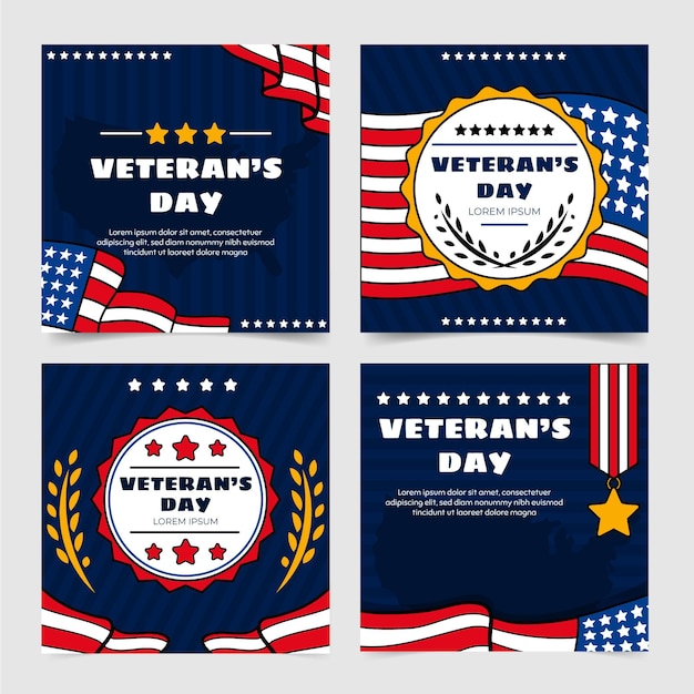 Free vector hand drawn veteran's day instagram posts collection