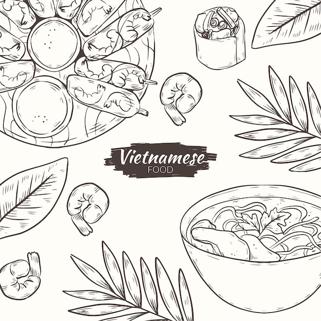 Бесплатное векторное изображение Нарисованная рукой иллюстрация вьетнамской еды